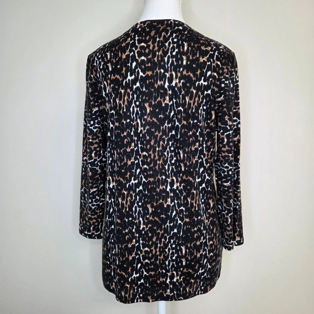 Talbots Womens Merino Wool Leopard Print Crew Neck Sweater Black Brown Large